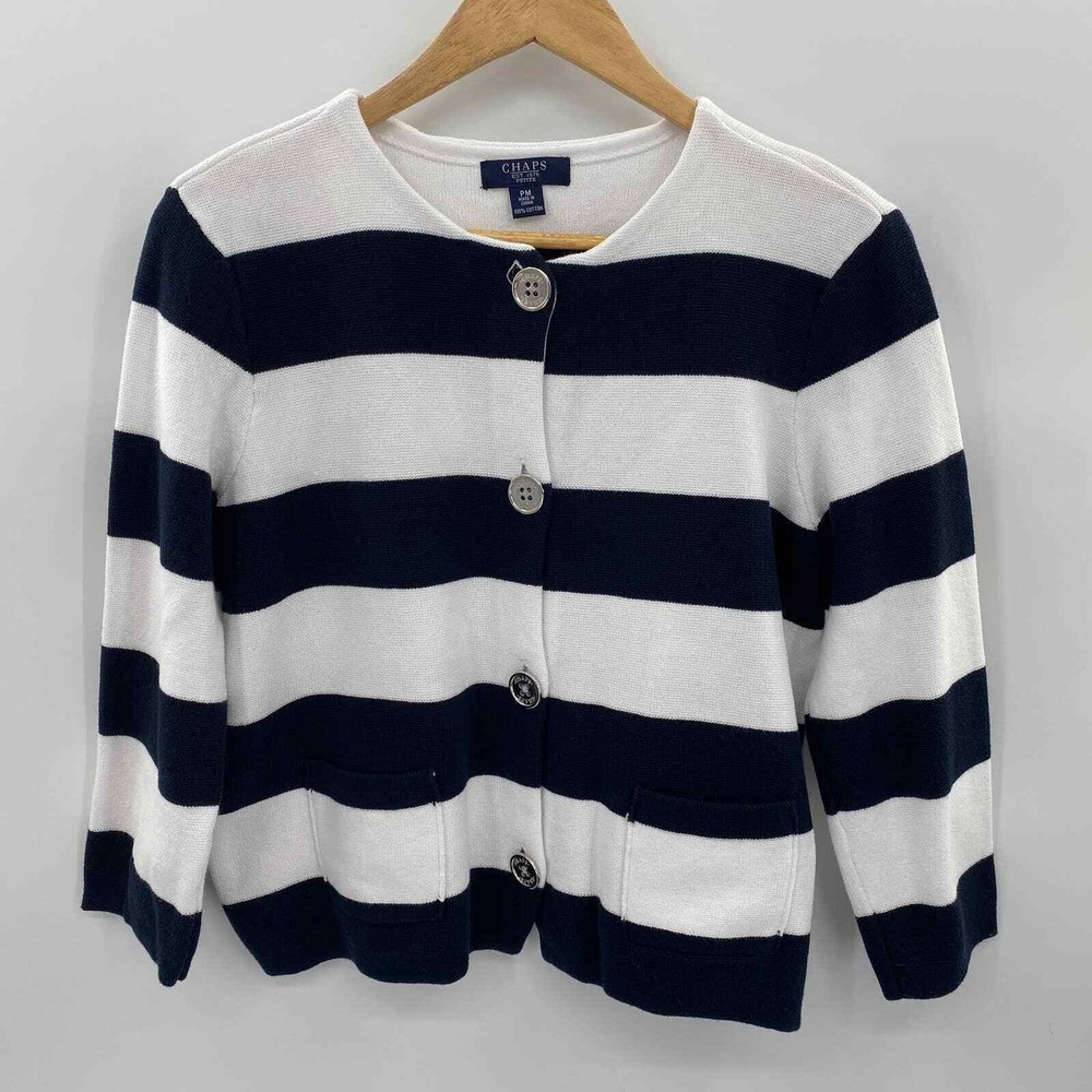 Chaps Cardigan Sweater Petite Medium White Blue Nautical Pockets Button Front - Picture 2 of 8